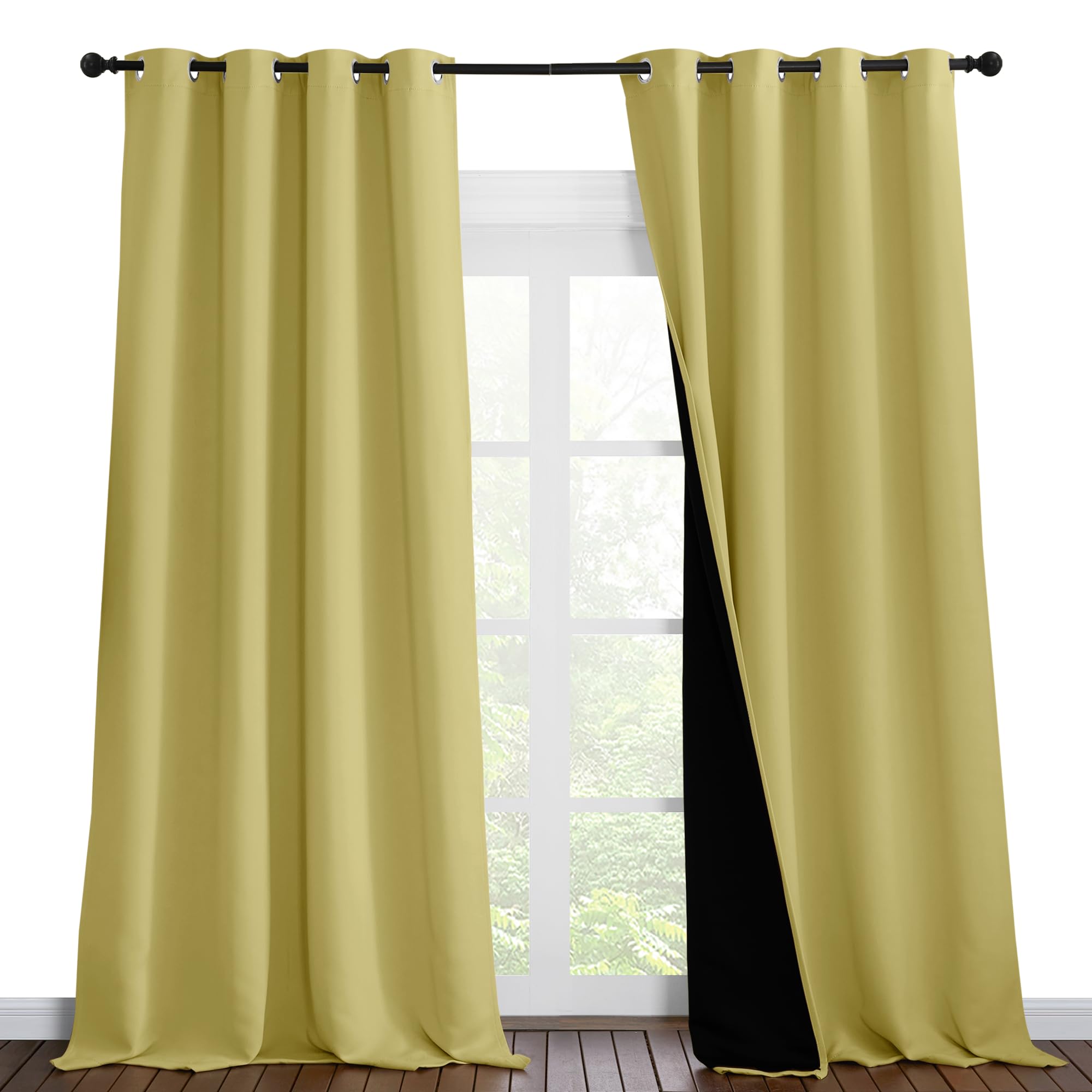NICETOWN Total Shade Curtains and Draperies, Heavy-Duty Full Light Shading Drapes with Black Liner Backing for Villa/Hall/Dorm Window（Paler Yellow, Package of 2 Panels, 55 inches Wide x 96 inches Long