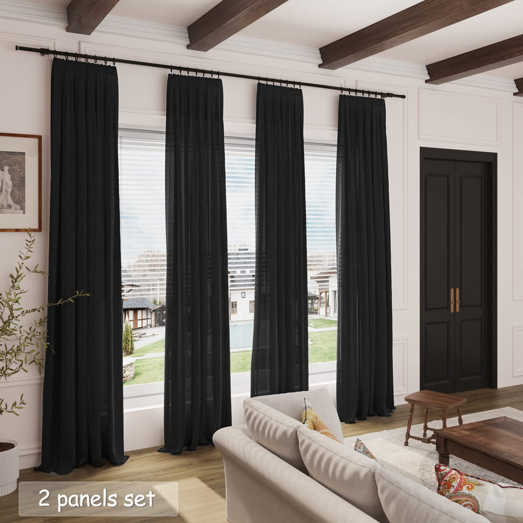 Black Linen Curtains 132 inch Extra Long for Living Room Back Tab Light Filtering Semi Sheer Drapes Modern Farmhouse Muslin Look Decor Cotton Textured Curtain for Floor to Ceiling Window 11 FT