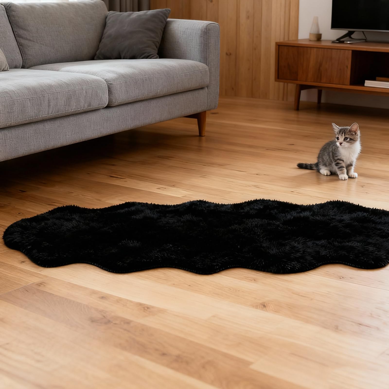 ThreadGlobe Fluffy Faux Rabbit Fur Rug Runner 2'x6', Ultra Soft & Non-Slip Rugs for Bedroom, Living Room, Nursery, No Shedding Machine Washable Rug, Black, 2x6 Ft