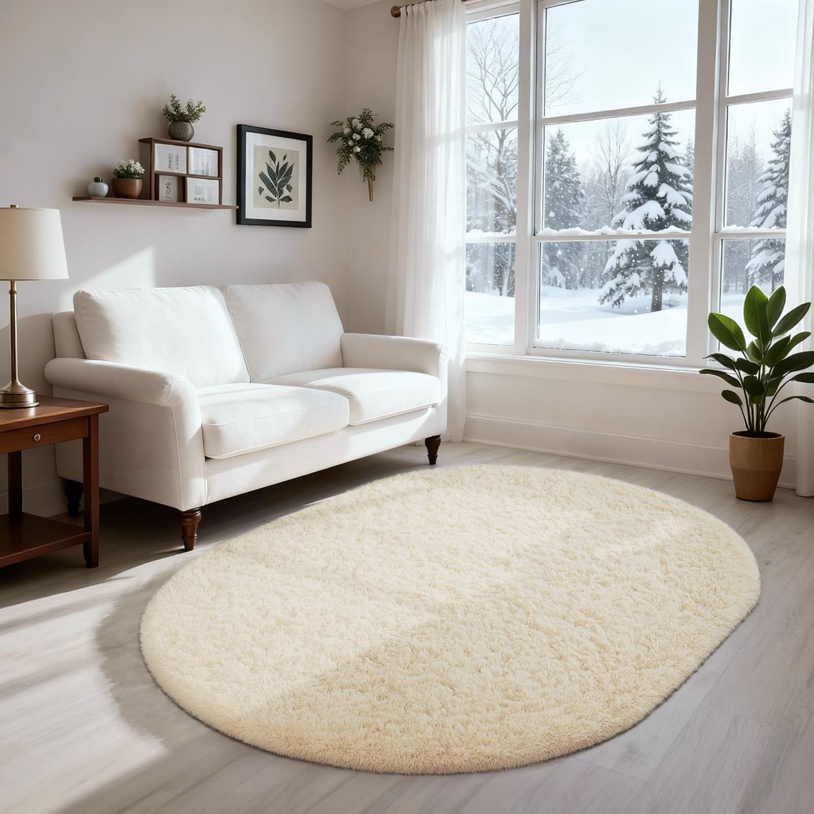 Ophanie 3x5 Oval Ivory Rugs for Bedroom Living Room Washable,Fluffy Fuzzy Furry Carpet,Plush Soft Shaggy Indoor Floor Area Rug for Kids Girls Boys Baby Teen Dorm Decor with Over 99 pcs Pile fibers