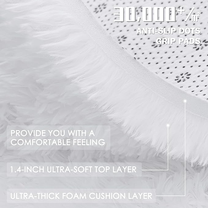 OLANLY 4x4 Machine Washable Accent Rug, Soft Fluffy Shaggy Area Rug for Bedroom, Living Room, Indoor Floor Carpet for Kids, Nursery, Home Decor, White