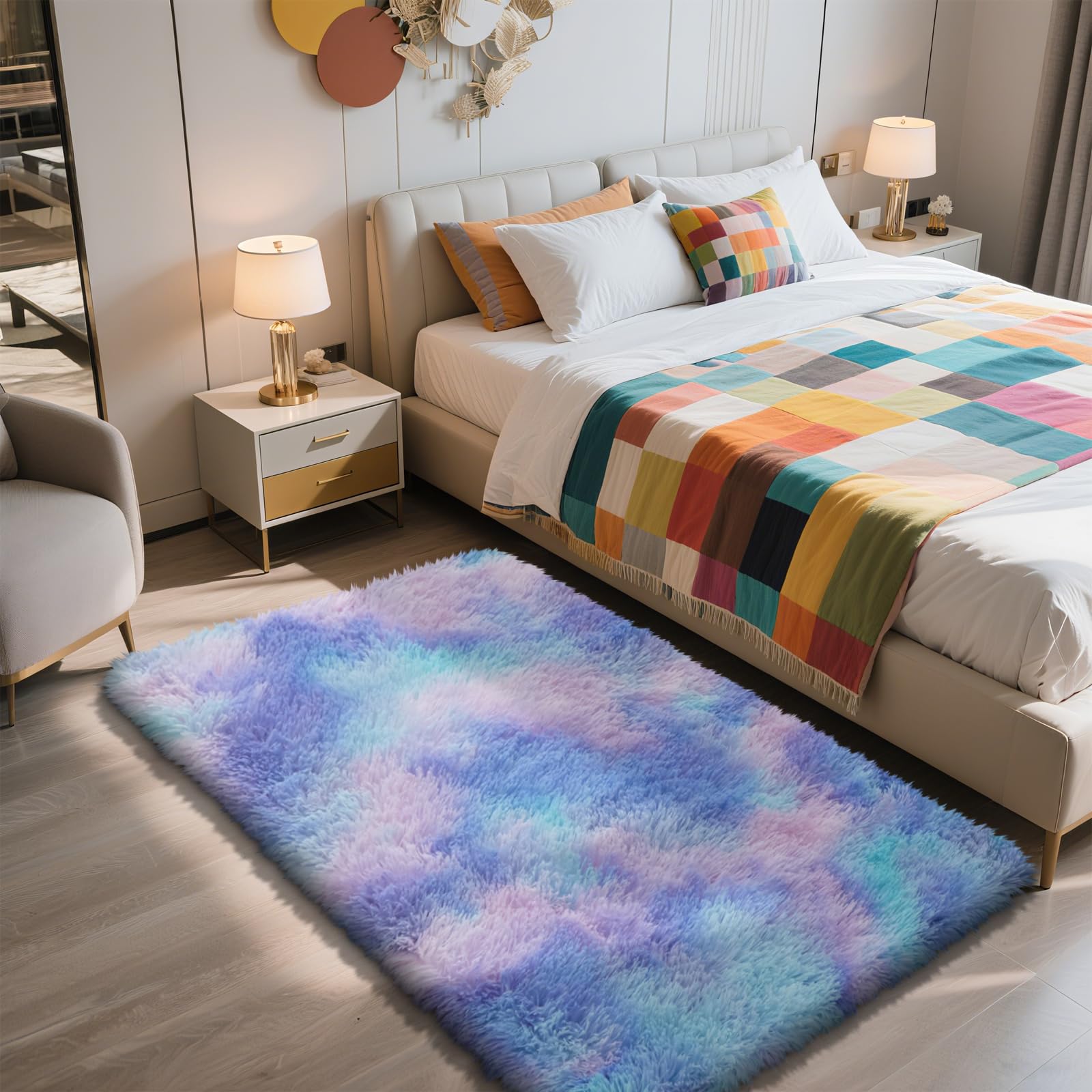 3x5 Area Rug for Bedroom, Rainbow Purple Fluffy Shag Rug Plush Carpet