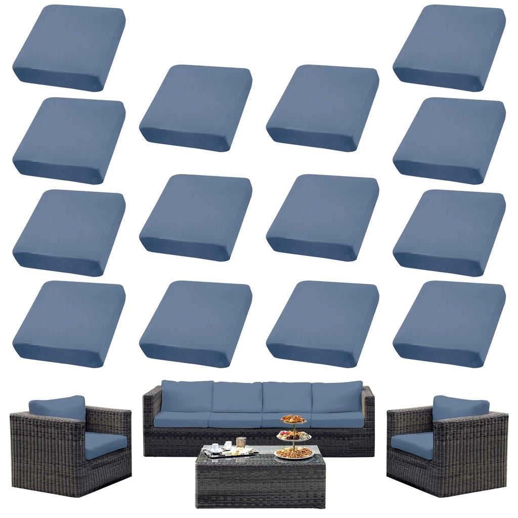 DREAHOTEXTIL 14Pcs Outdoor Cushion Covers, Patio Cushion Covers,Stretch Elastic Slipcovers, Replacement Washable & Reusable Furniture Protector for Patio Couch (Gray-Blue,Cover Only)