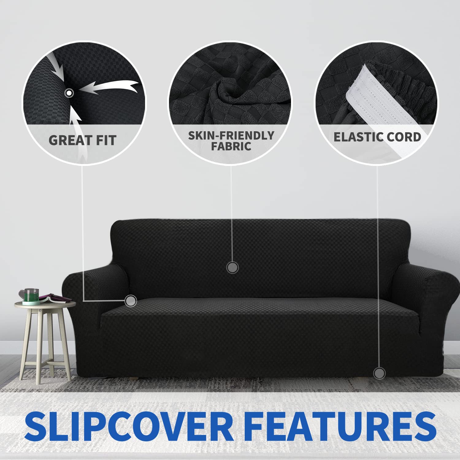 ZNSAYOTX 1 Piece Jacquard Couch Covers for 3 Cushion Couch Living Room High Stretch Sofa Cover Pets Dogs Friendly Anti Slip Thickened Slipcovers Furniture Protector (Sofa, Black)