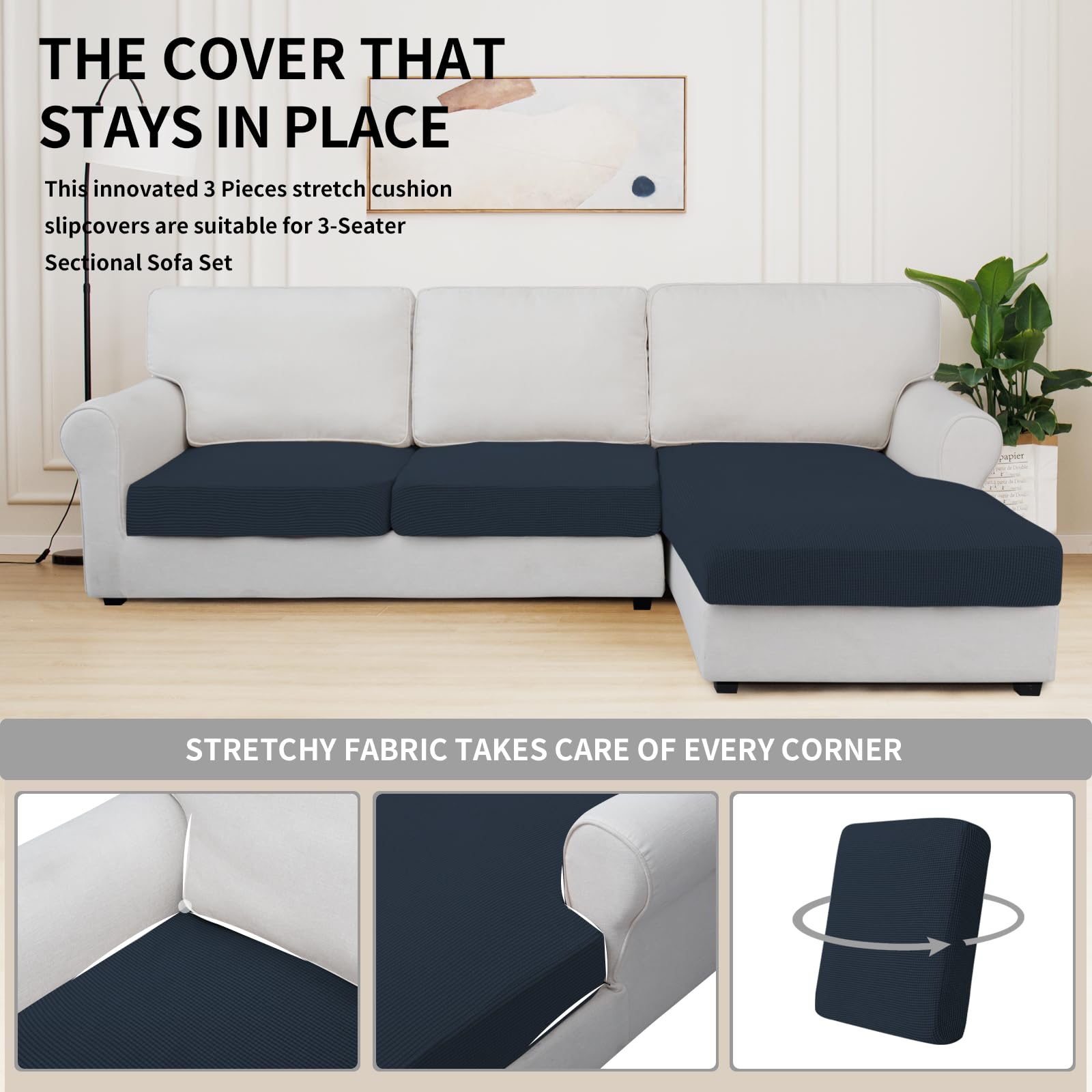 Easy-Going Stretch 3 Pieces Couch Cushion Covers for Sectional Sofa L Shape