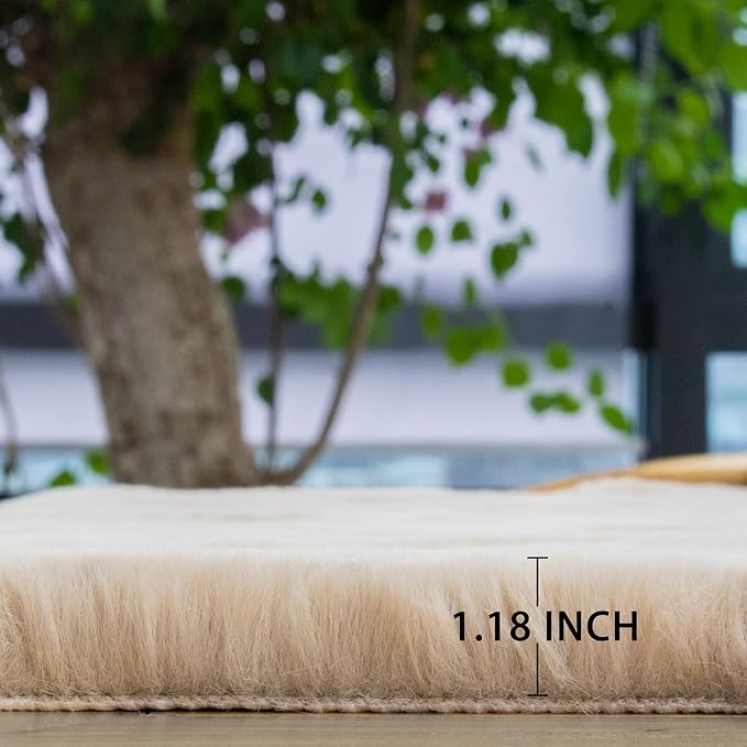 ORINOVA Camel Washable Shag Area Rugs for Living Room Small Plush Faux Bunny Shaggy Fur Round Rugs 4ft Cute Room Nursery Rug