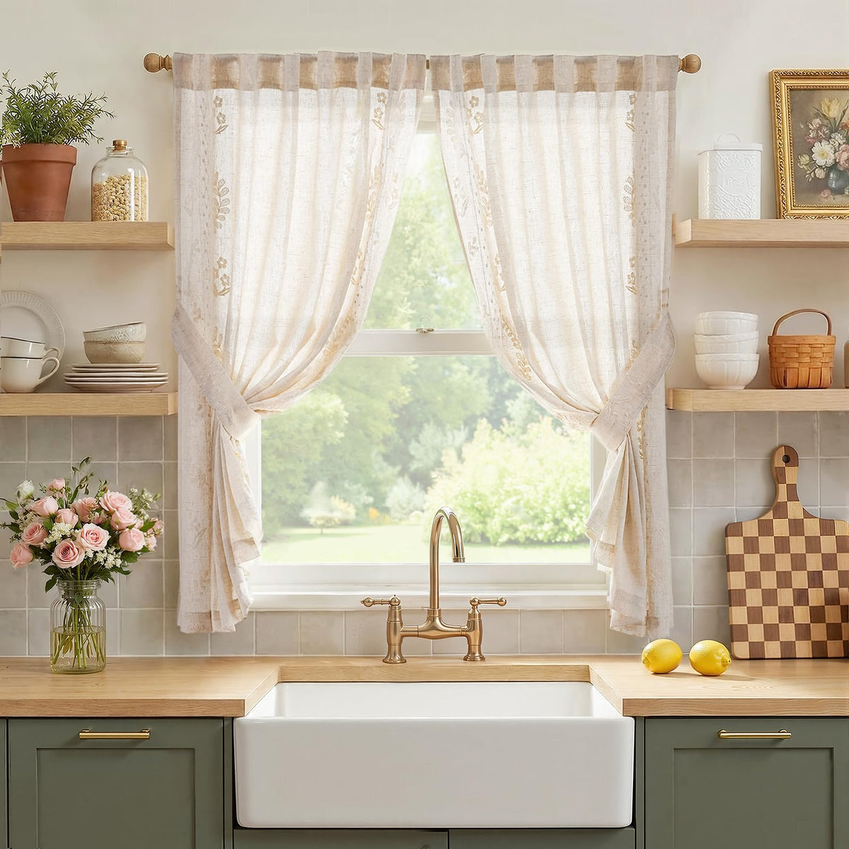 jinchan Floral Linen Curtains 84 Inch Farmhouse Back Tab 2 Panels