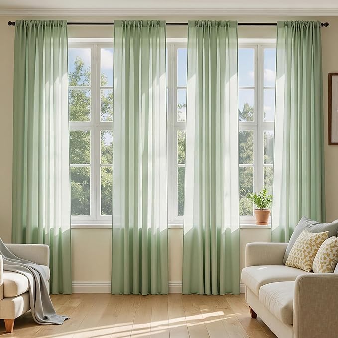 MIULEE Sage Green Sheer Curtains 96 Inches Long, 4 Panels Set, Light Filtering Rod Pocket Voile Drapes Window Treatments, Semi Transparent Airy Fabric for Bedroom and Living Room, 54 x 96 Inches