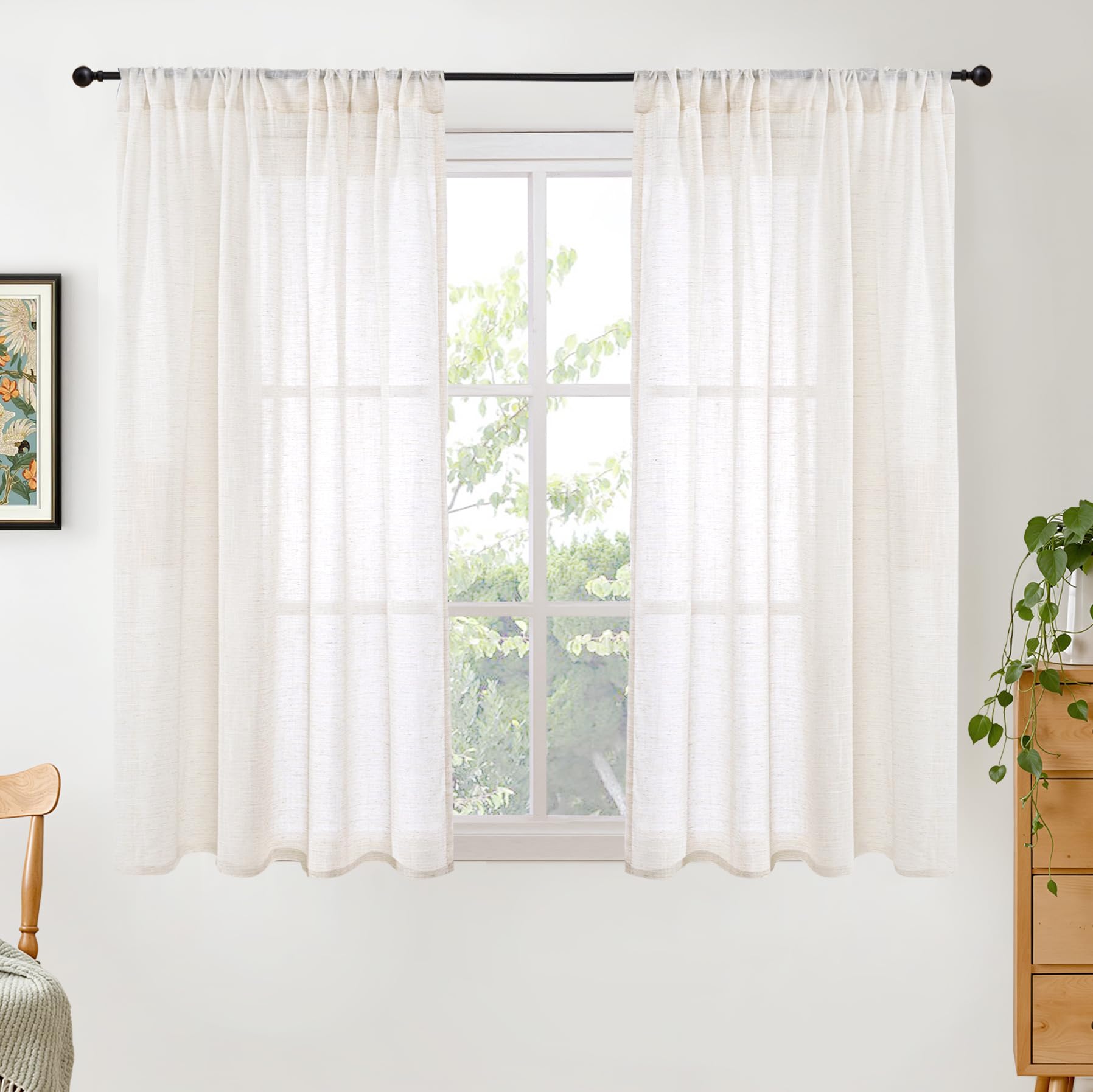 BGment Short Linen Curtains 54 Inch Length for Living Room - Rod Pocket Light Filtering Drapes Semi Sheer Textured for Bedroom Country Decorative Lightweight Natural Rustic, 2 Panels Set, 42 X 54 Inch