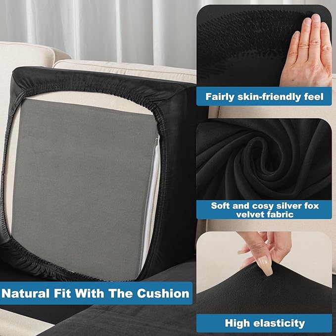 Couch Cover 6-Piece Elastic Velvet Couch Cushion Covers & Chaise Slipcovers for L-Shaped Sofas, Sofa Seat Covers Washable, Soft Cover for Couches (5 Seater + Chaise, Black)