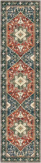 Yamaziot Washable Runner Rug, 2x8 Non-Slip Boho Vintage Hallway Rug Runner with Rubber Backing, Stain Resistant & Low Pile Faux Wool Distressed Carpet Runner for Kitchen, Laundry, Entrance, Brick Red