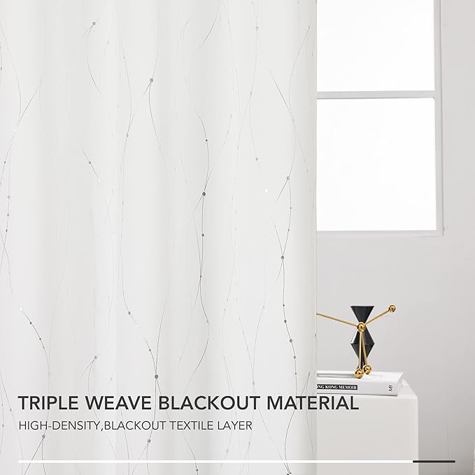 Deconovo Room Darkening Curtains, Pure White Curtain, Thermal Insulated Noise Reduced Drapes, Silver Wave Dots Print, 52 x 108 Inch Long, Machine Washable Window Panels for Patio Door, Set of 2