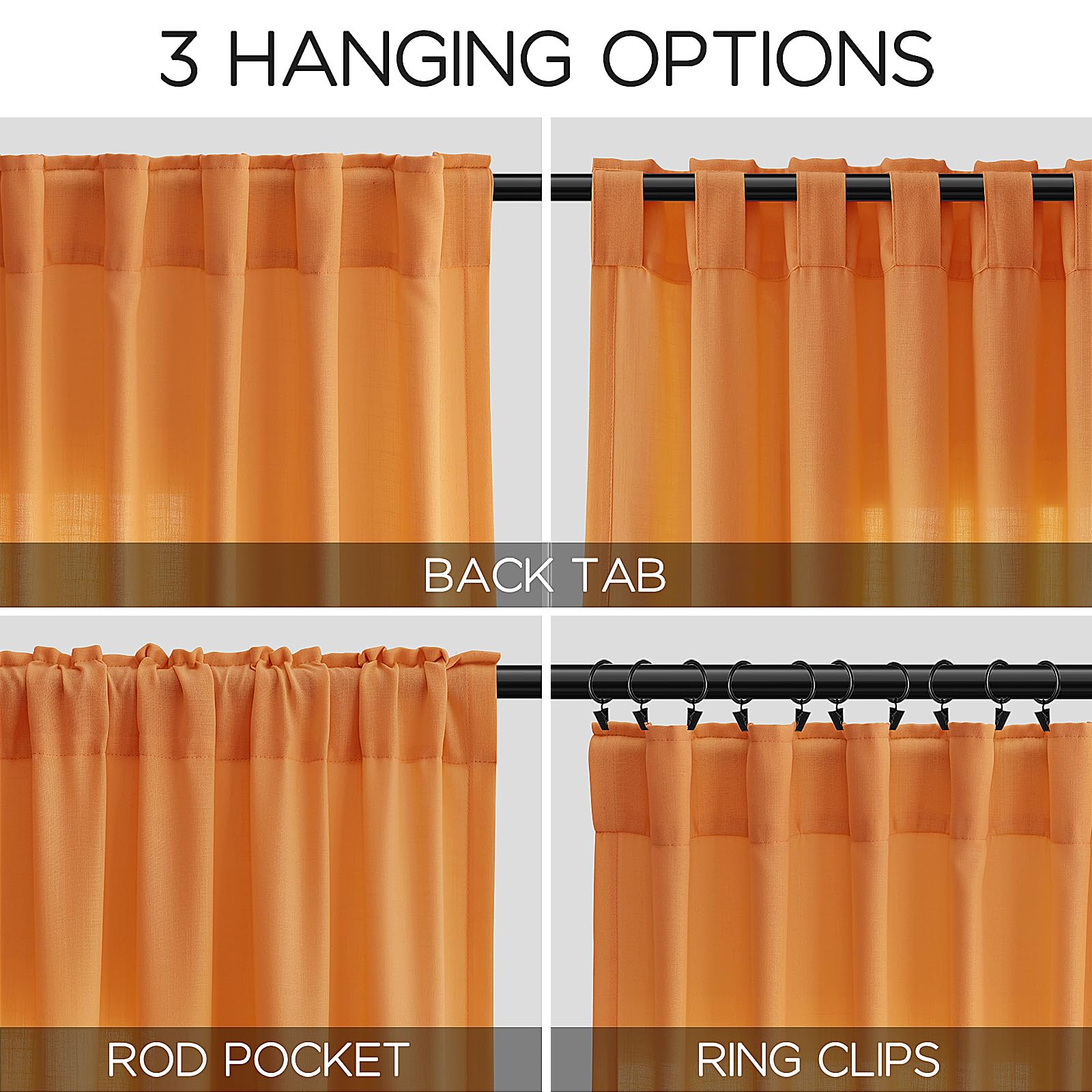 Nanspring Orange Linen Curtains for Bedroom Back Tab Light Filtering Privacy Sheer Curtains Modern Farmhouse Decor Linen Blend Textured Gauze Curtain for Living Room 2 Panels Set 52x72