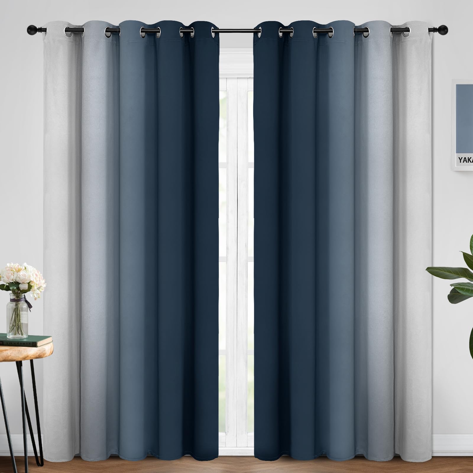 Yakamok Ombre Curtains Navy Blue and Greyish White for Living Room,70Wx84L