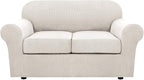 H.VERSAILTEX 3 Piece Stretch Sofa Covers for 2 Cushion Loveseat Couch Covers for Living Room Sofa Slipcovers (Base Cover Plus 2 Seat Cushion Covers) Thicker Jacquard Fabric(Medium Sofa, Ivory)