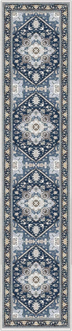 OPPODREAM Soft Entryway Rug 2x10, 2x10 Rug Runner, Washable Hallways Carpet 2 x 10 with Non Slip Backing, Low-Pile Bedside Carpet 2 x 10, Long, Faux Cashmere, Navy Blue & Gold
