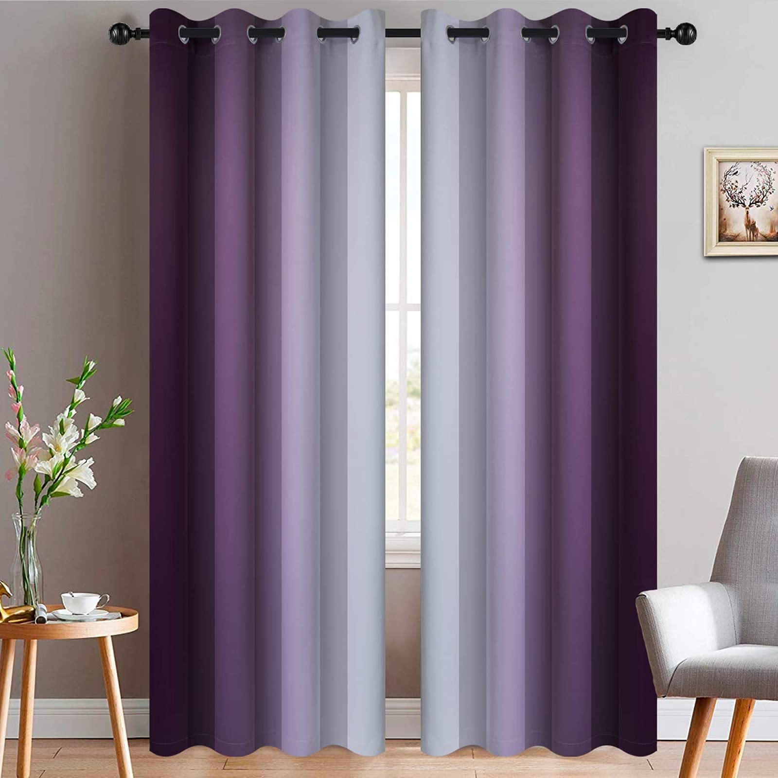Yakamok Ombre Curtains Purple and Greyish White for Living Room,52Wx84L