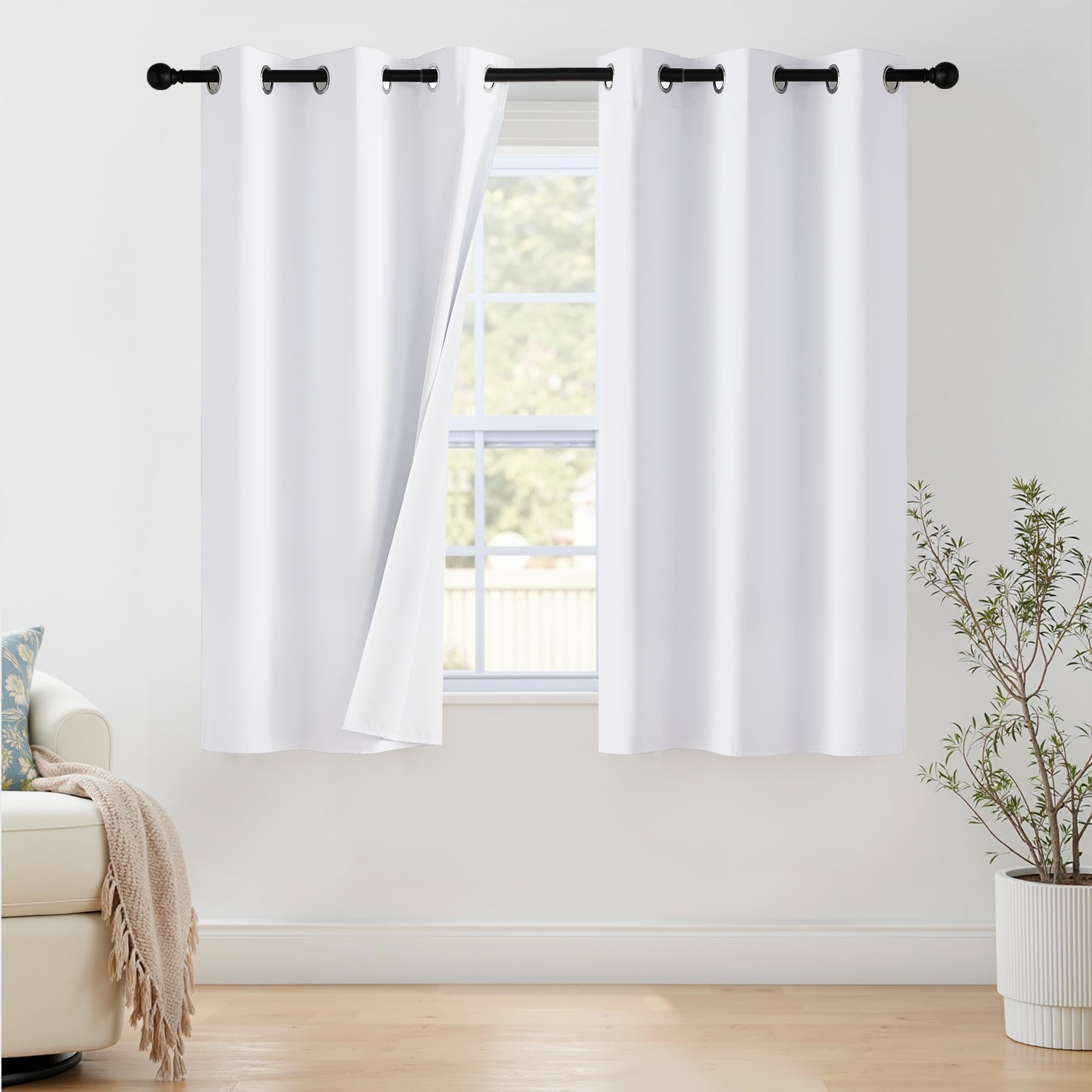 NICETOWN 100% Blackout Window Curtain Panels 48" Length, Set of 2, Snow White, 42 inches Wide, Thermal Insulated Drapes for Kitchen