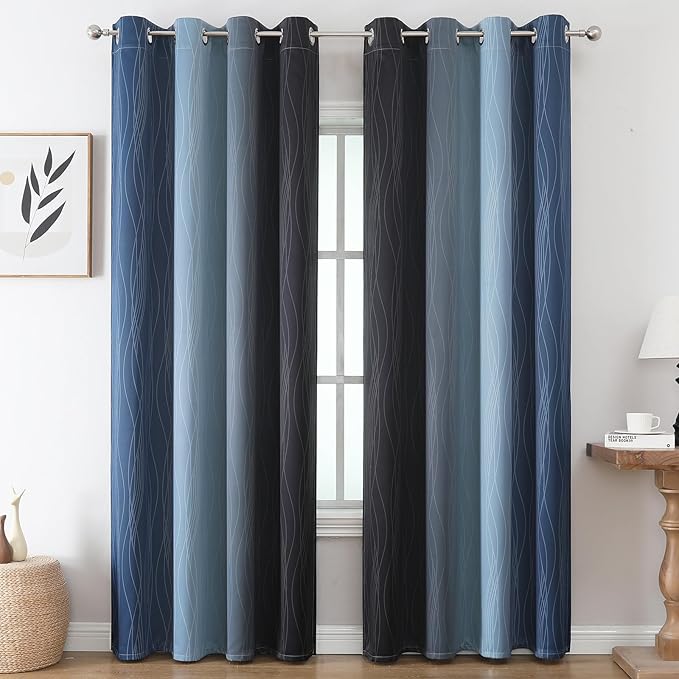 Estelar Textiler Navy Blue and Black Ombre Blackout Curtains 84 Inches Long 2 Panels, Thermal Insulated Gradient Drapes for Bedroom, Full Room Darkening Energy Saving Curtains for Living Room,52Wx84L