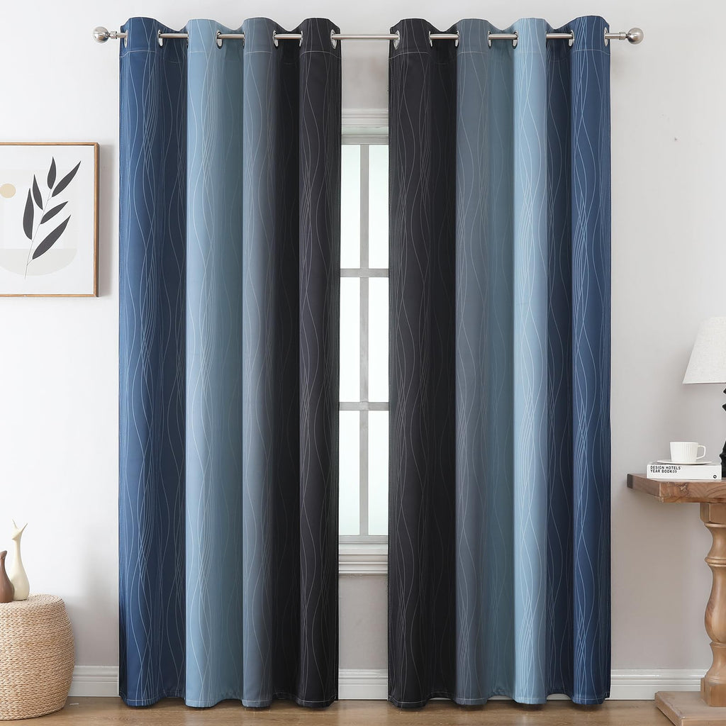 Navy Blue and Black Ombre Blackout Curtains for Living Room 108 Inch Length