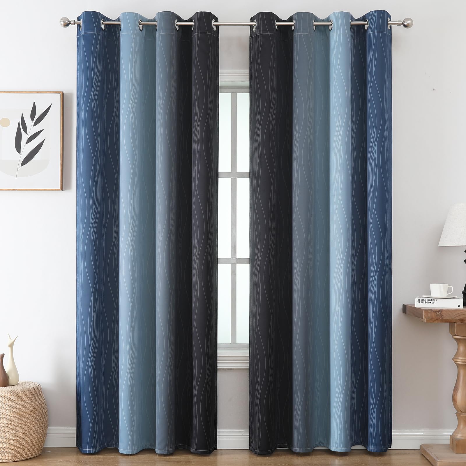 Navy Blue and Black Ombre Blackout Curtains for Living Room 108 Inch Length
