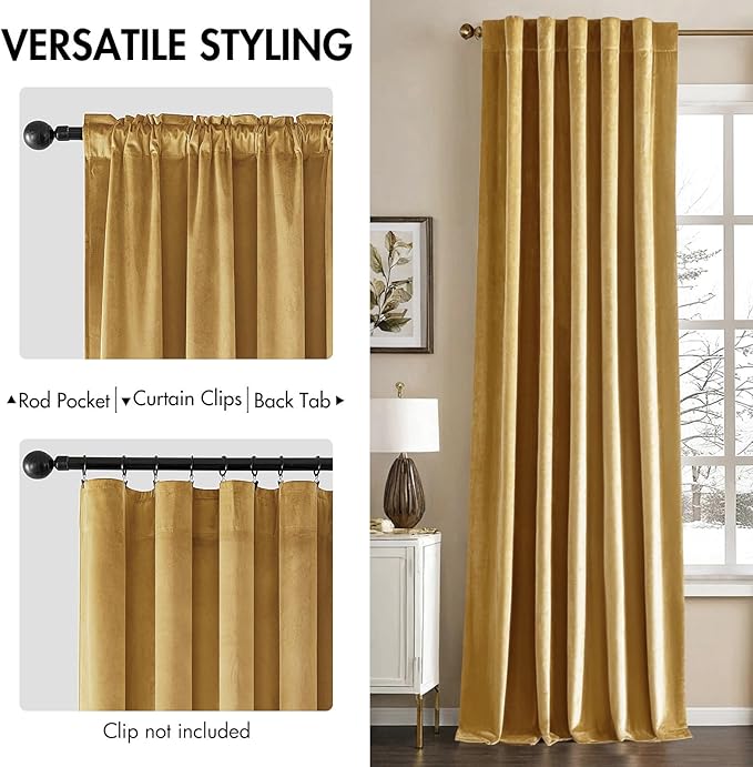 MIULEE Velvet Curtains 90 inches - Luxury Blackout Curtains for Bedroom Living Room Thermal Insulated Super Soft Window Drapes Rod Pocket & Back Tab, Golden, W52 x L90 inches, 2 Panels