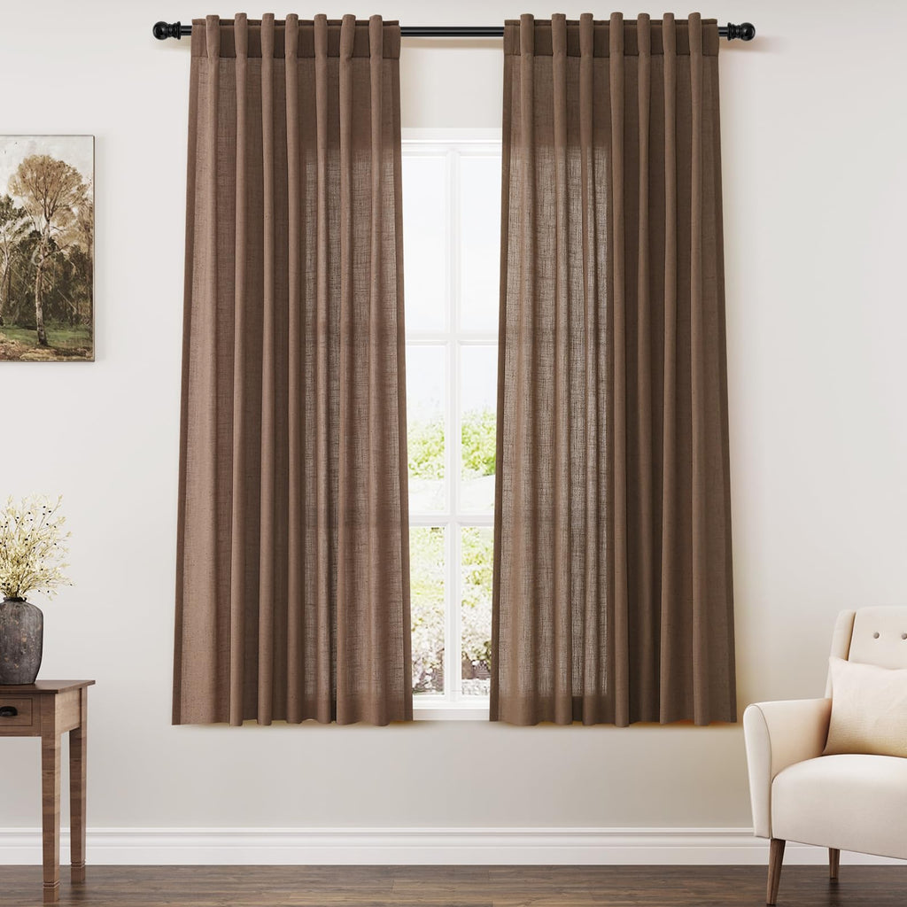 Nanspring Caramel Brown Linen Curtains 63 Inches Length 2 Panels Set for Living Room Back Tab Pocket Light Filtering Semi Sheer Drapes Elegant Farmhouse Cotton Linen Textured Window Curtain 52X63