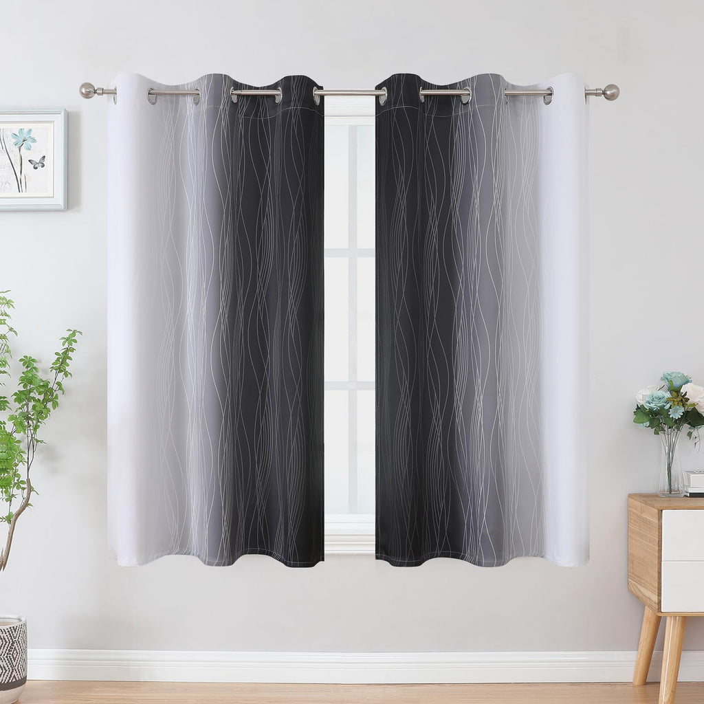 Black and Greyish White Ombre Blackout Curtains for Bedroom 42x45 Inch Long