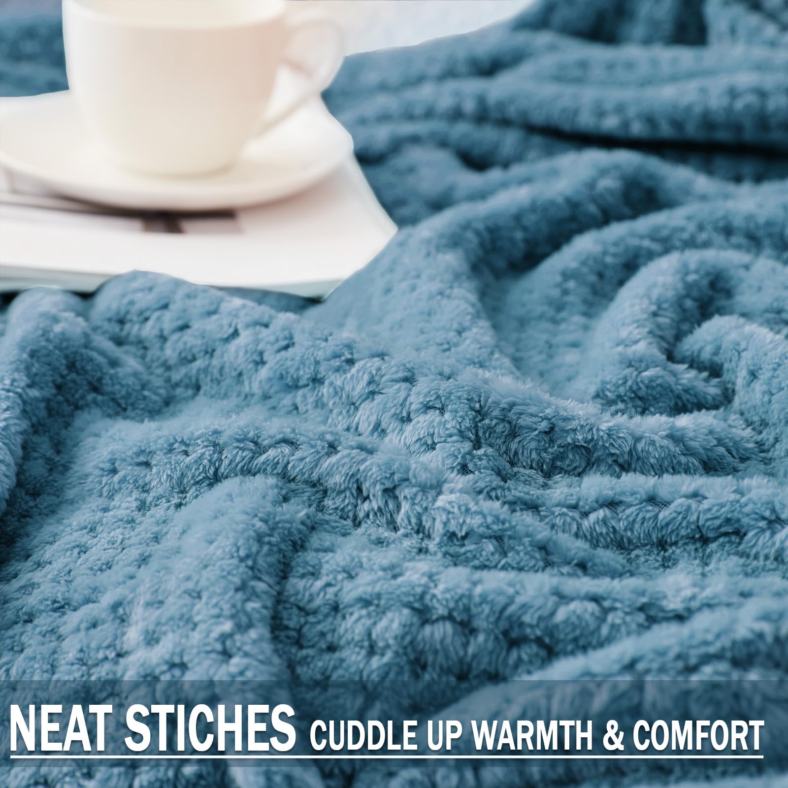 Exclusivo Mezcla Large Waffle Fleece Throw Blanket for Couch, Slate Blue