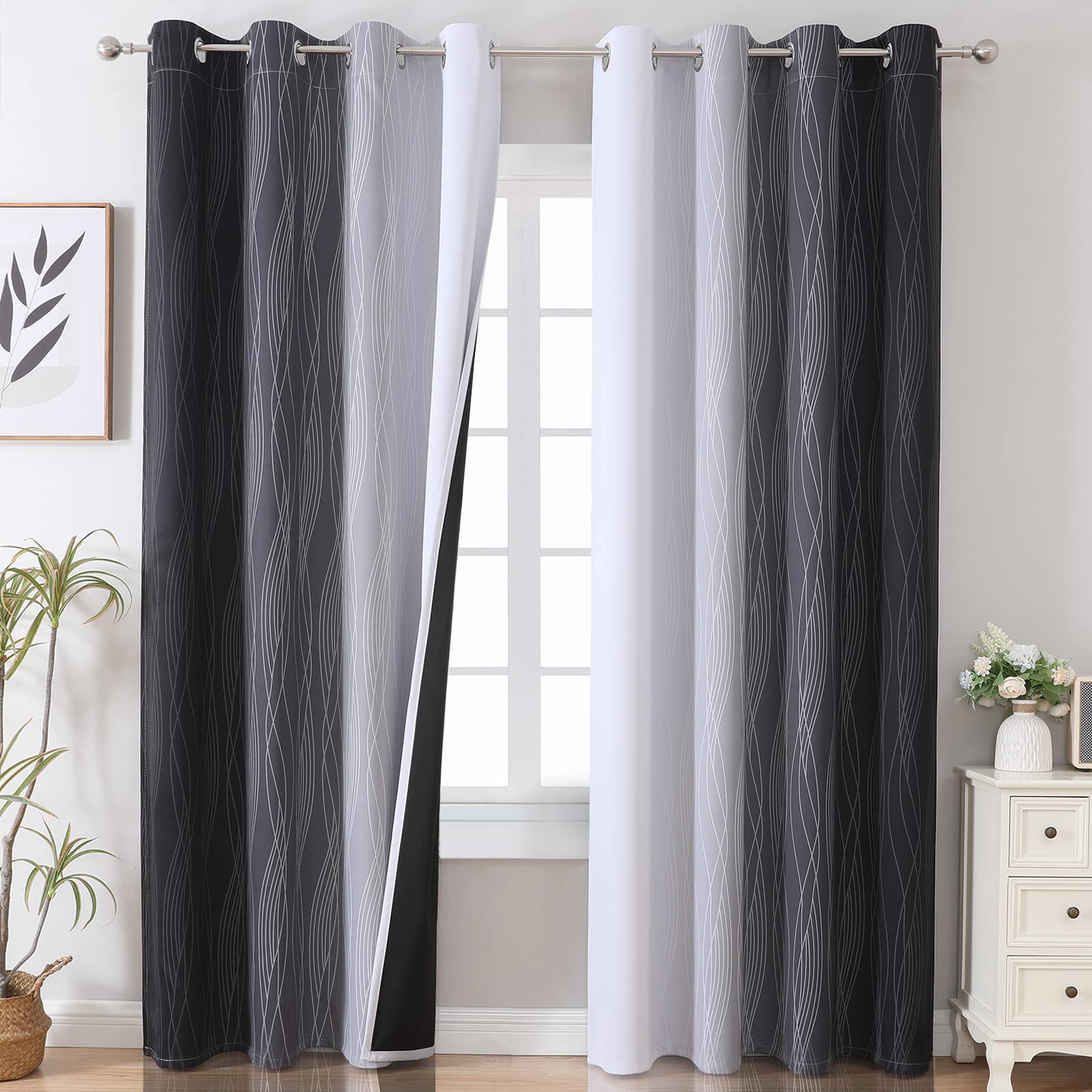Black and Greyish White Ombre Blackout Curtains for Bedroom 52x96 Inch Long