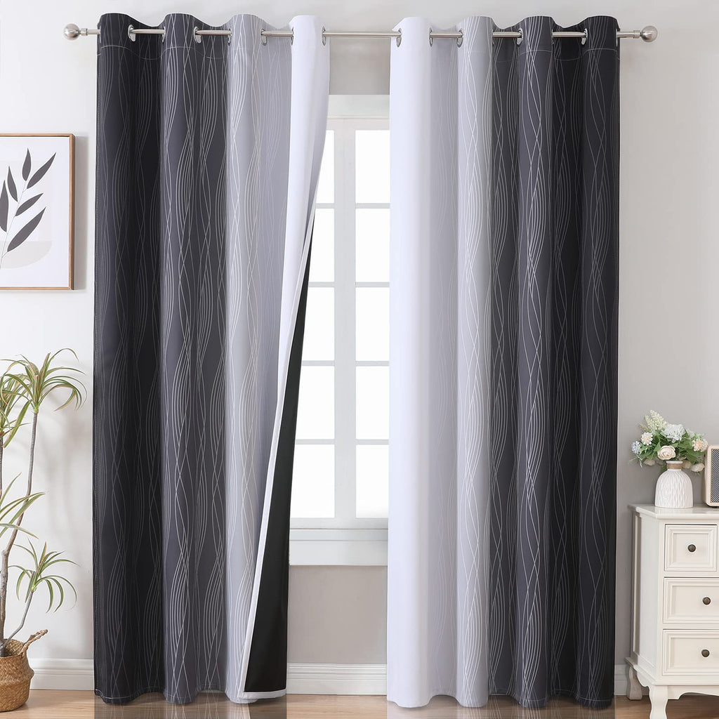 Black and Greyish White Ombre Blackout Curtains for Bedroom 108 Inches Long