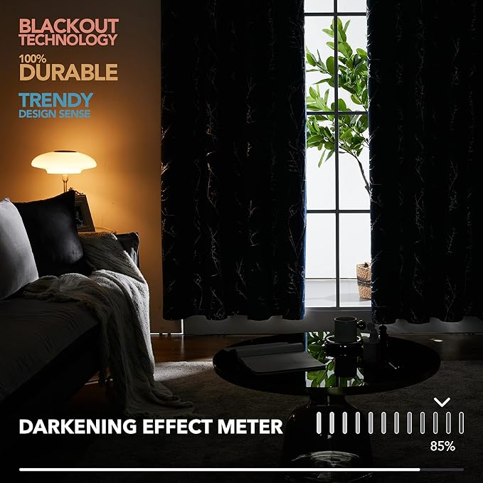 Deconovo Black Blackout Curtains, Thermal Insulated Soundproof Privacy Curtain Drapes, Branch Foil Print, 52 x 95 Inch Long, 2 Panels, Machine‑Washable Window Panel for Bedroom Living Room Office Home