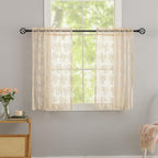 YJ YANJUN Vintage Lace Curtains 30 Inch Length- Cottage Floral Short Beige Kitchen Cafe Curtains 2 Panles,Light Filtering Rod Pocket, Small Window Sheer for Bathroom Laundry Room 26x30 Inch