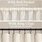 Boho Kitchen Valance for Windows, Beige Linen Blend Textured Fabric with Cotton Embroidery Vintage Western Rustic Style Light Filtering Rod Pocket Window Treatment, 52 x 18 Inch, 1 Panel