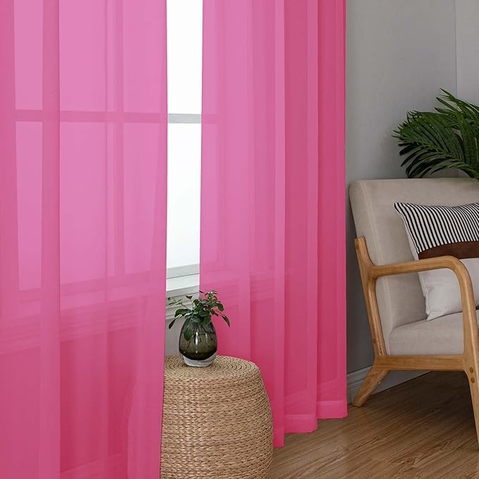 OWENIE Short Hot Pink Sheer Curtains 30 Inch Length 2 Panels Set, Kitchen Curtains Tiers Light Filtering Rod Pocket Cafe Curtain for Basement Bathroom Small Half Window, 42" W x 30" L, Hot Pink