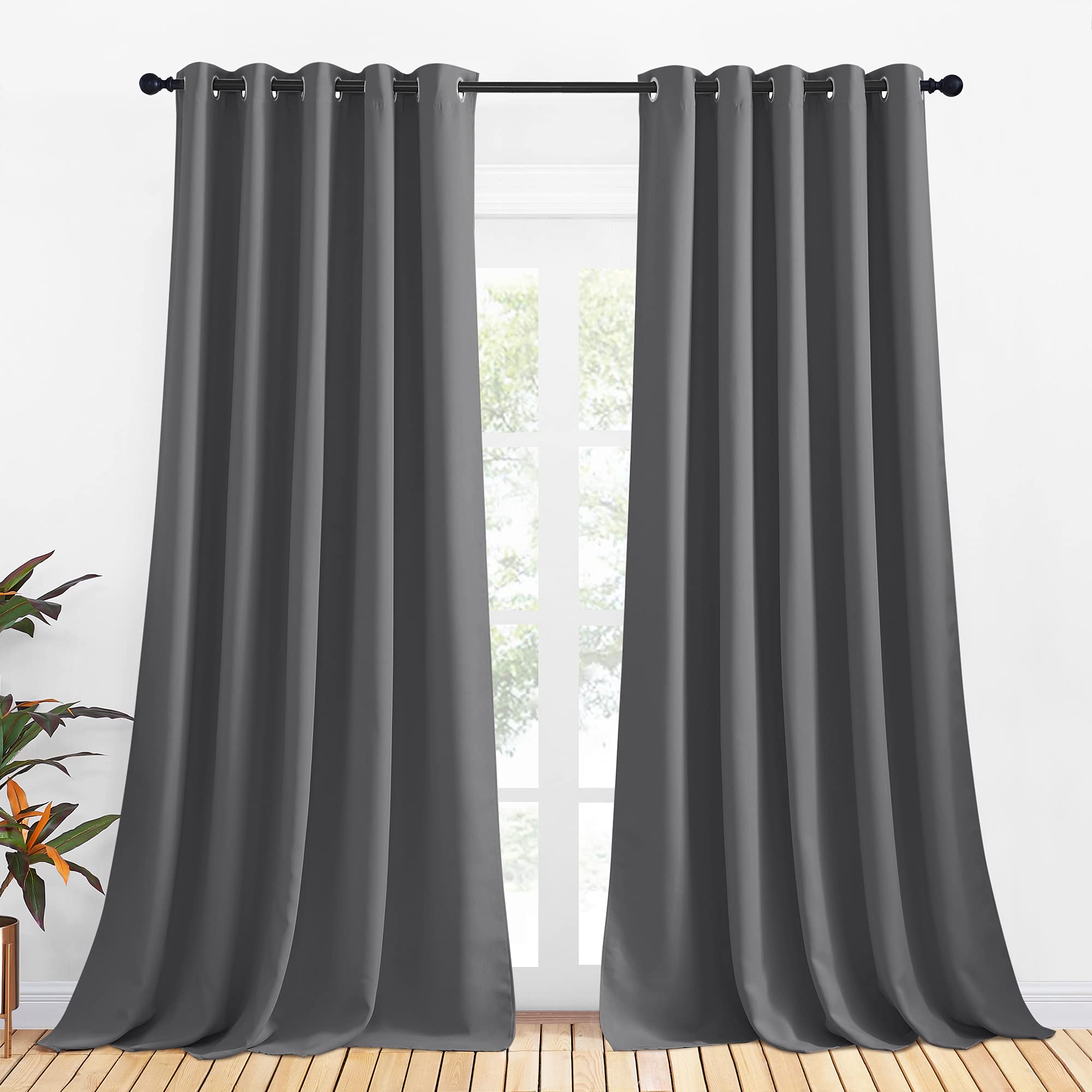 NICETOWN Grey Blackout Curtain Panels for Bedroom, Thermal Insulated Grommet Top Blackout Draperies and Drapes for Basement (2 Panels, W70 x L95-inch, Grey)