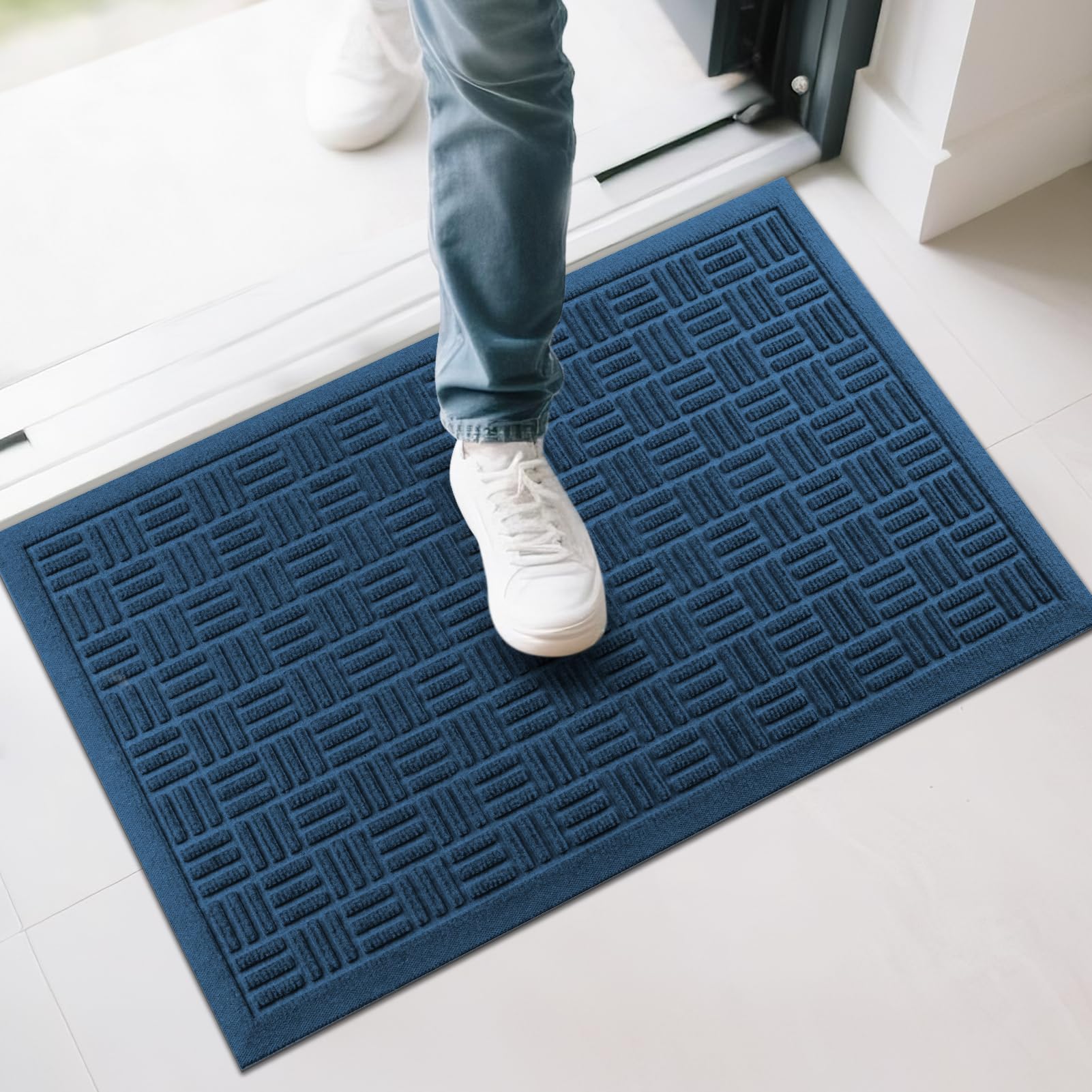 Mibao Front Door Mat Outdoor Entrance, 29.5" x 17" Heavy Duty Welcome Mat, Waterproof Dirt Trapper Doormat, Super Absorbent Indoor Entryway Mat for Patio & Porch - Blue