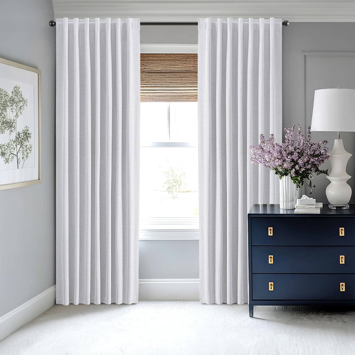 MIULEE 100% Blackout Linen Curtains 42 x 63 Inch Grayish White 2 Panels
