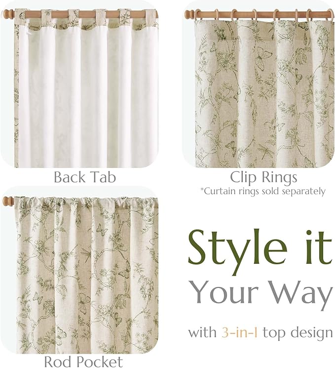 jinchan Green Floral Linen Curtains Lined 84 Inch Vintage Back Tab 2 Panels