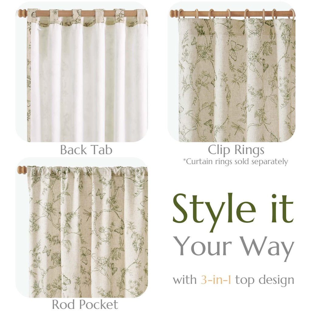 jinchan Green Floral Linen Curtains Lined 63 Inch Vintage Back Tab 2 Panels