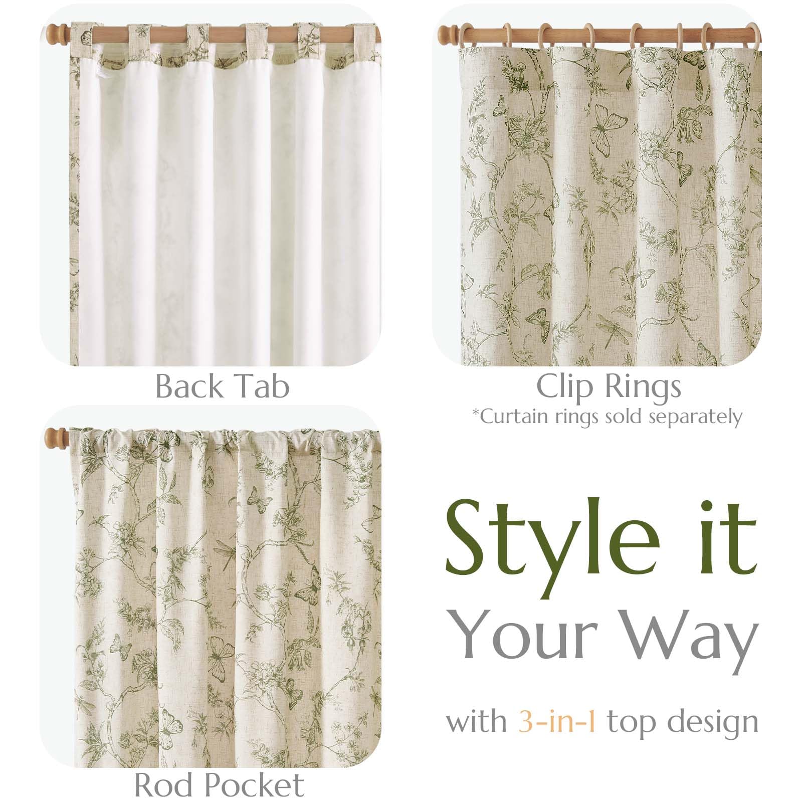 jinchan Green Floral Linen Curtains Lined 63 Inch Vintage Back Tab 2 Panels