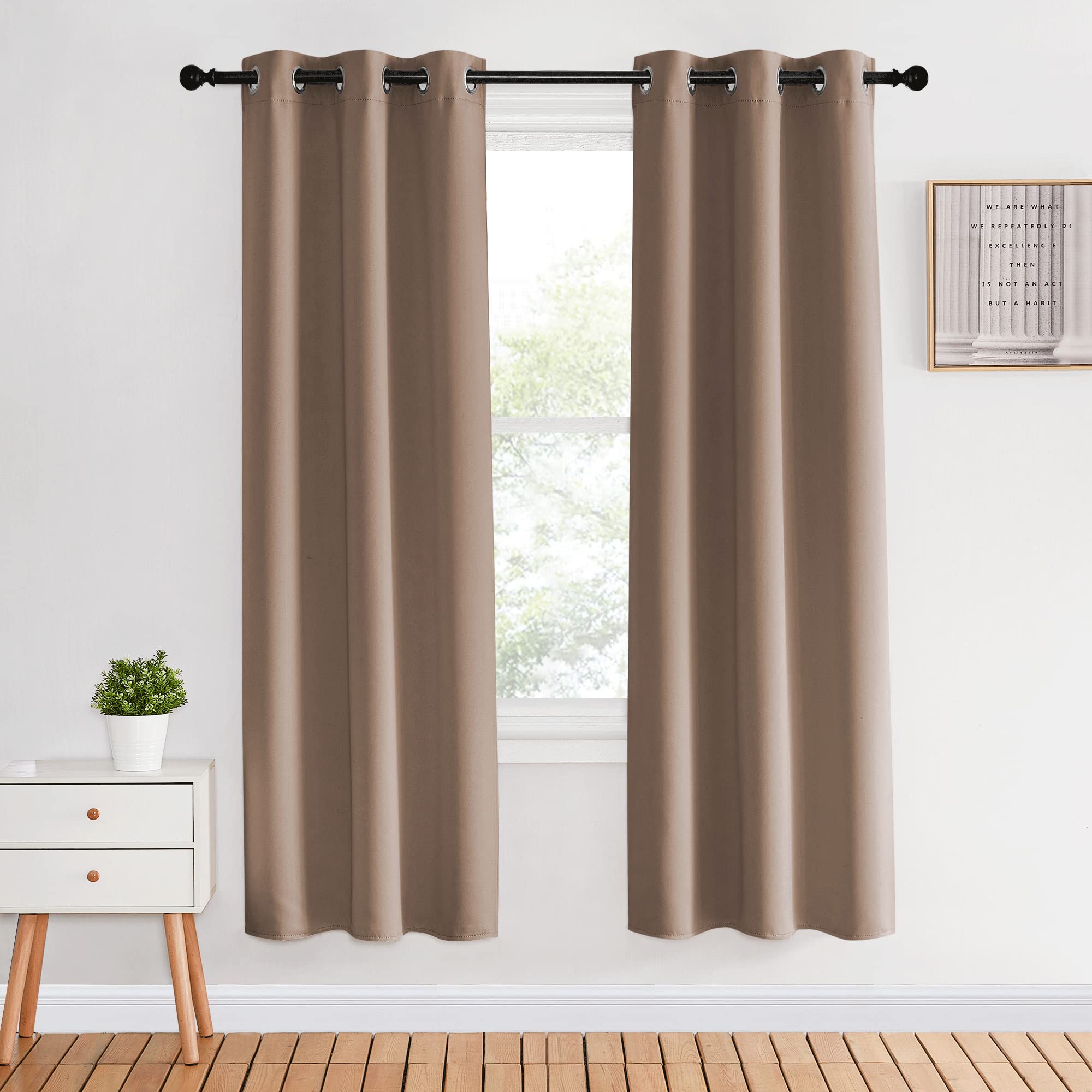 NICETOWN Kitchen Blackout Curtains and Drapes, 1 Pair, 34 inches by 70 Inch, Cappuccino, Triple Weave Energy Saving Thermal Insulated Solid Grommet Blackout Panels for Patio