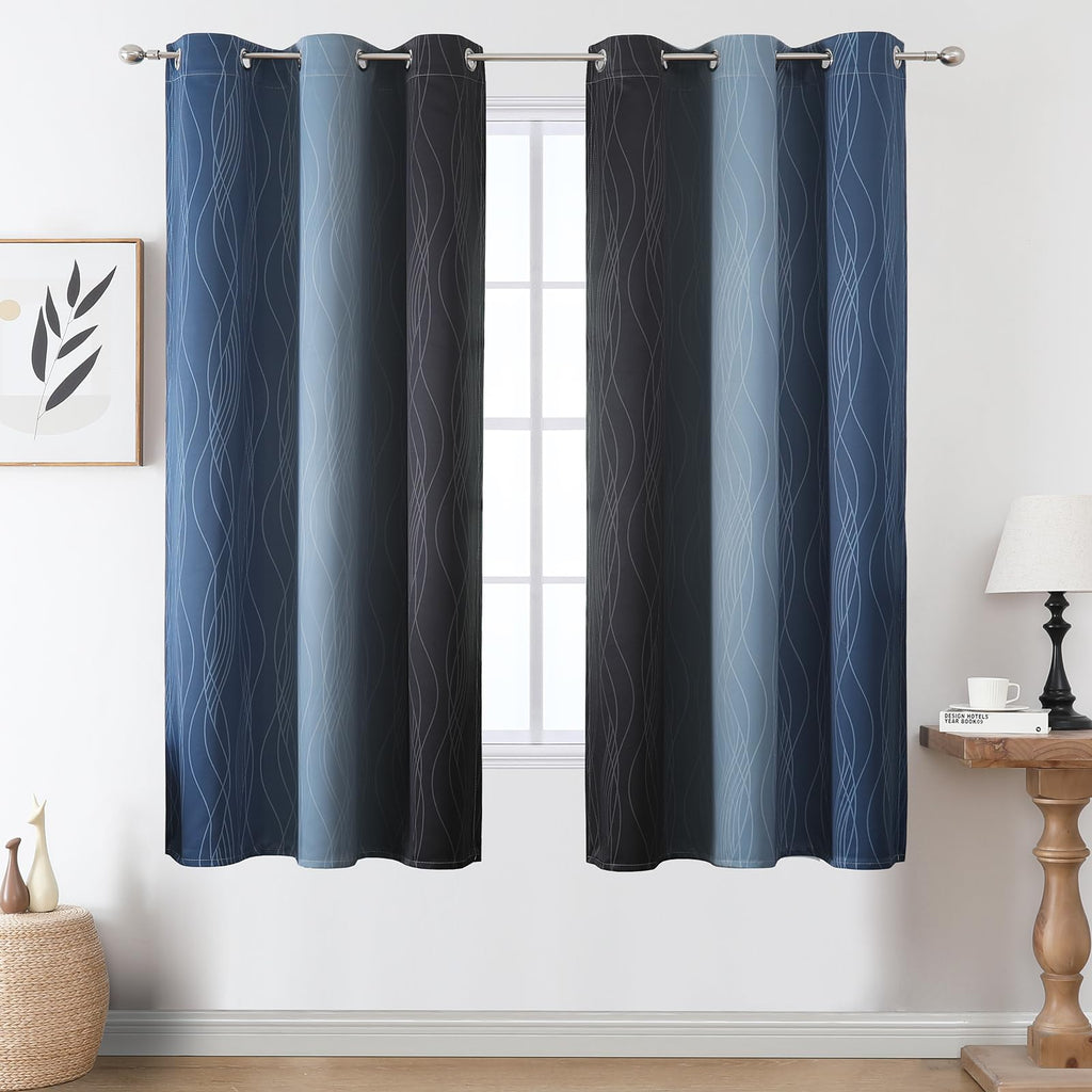 Navy Blue and Black Ombre Blackout Curtains for Bedroom 63 Inches Long