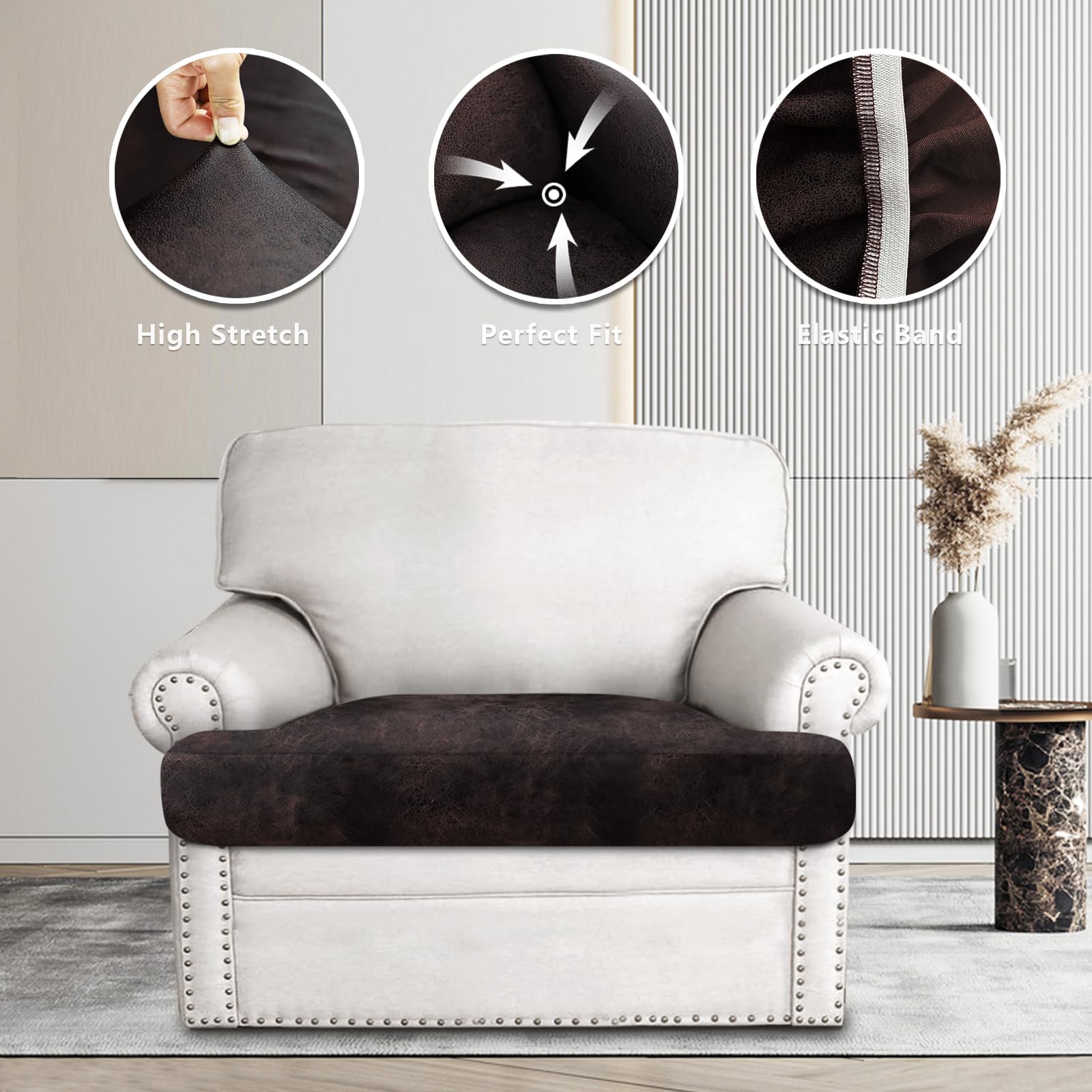 ANARACHON Leather Look Couch Cushion Covers Sofa Seat Slipcovers Sets Couches Furniture Protector for Sectional Armchair Loveseat Pets Kids Stretch Spandex Fabric (1 T-Cushion Armchair, Chocolate)