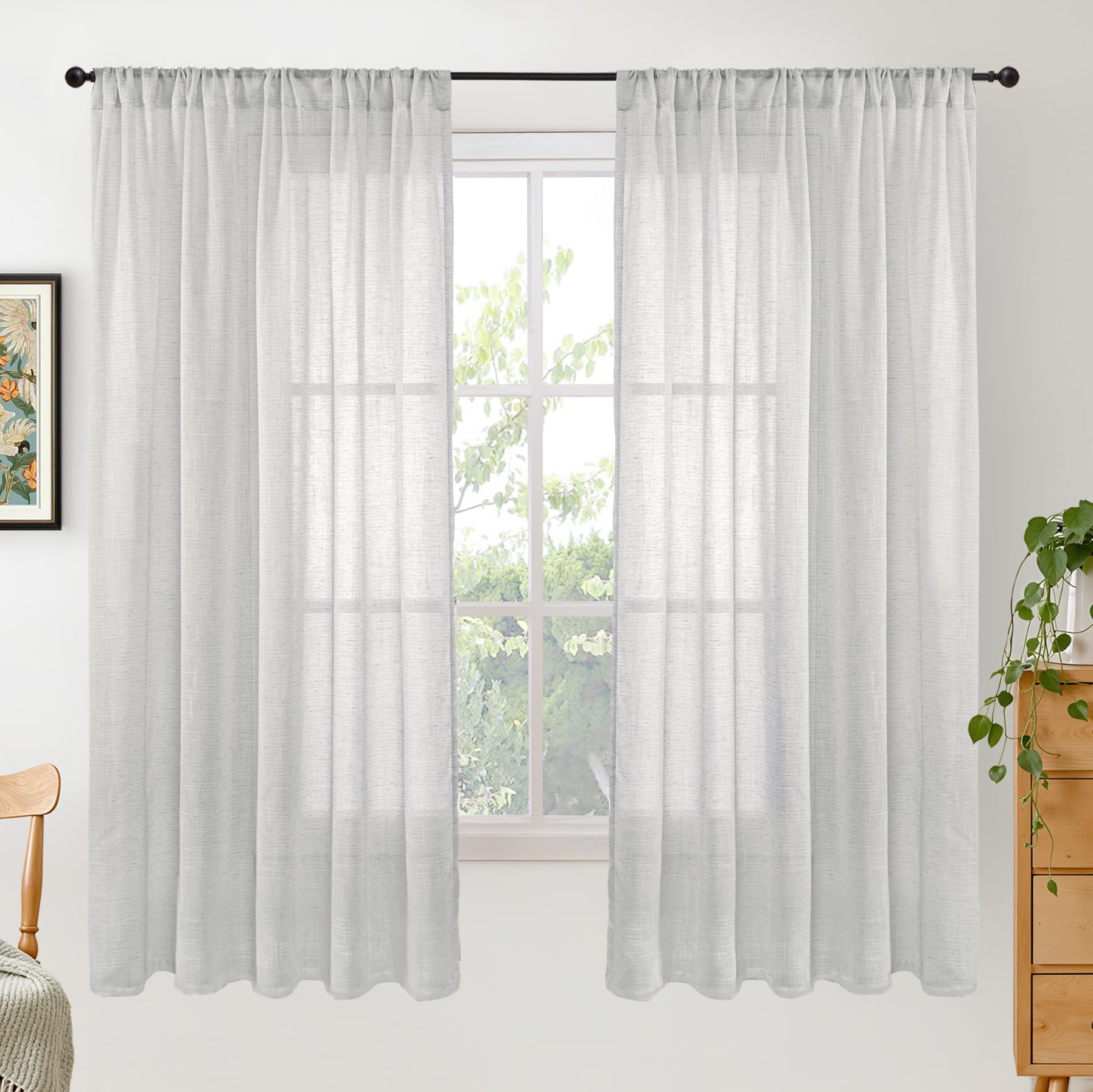 BGment Light Grey Linen Semi Sheer Curtains 63 Inches Long for Living Room - Rod Pocket Light Filtering Window Drapes Natural Textured for Bedroom Lightweight Rustic, 2 Panels Set, 52 X 63 Inch