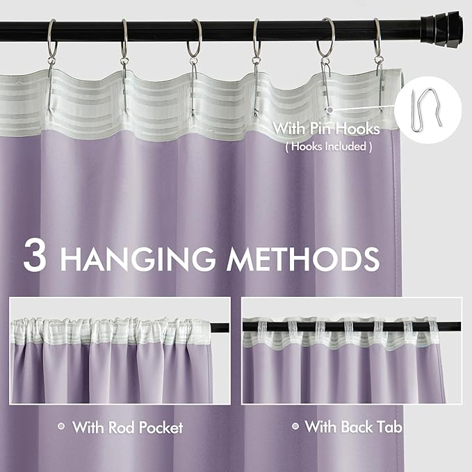 MIULEE Lilac Back Tab Blackout Curtains 63 Inch Length 2 Panels Set for Living Room Bedroom Privacy, Rod Pocket/Pinch Pleat Thermal Insulated Room Darkening Pleated Light Blocking Drapes