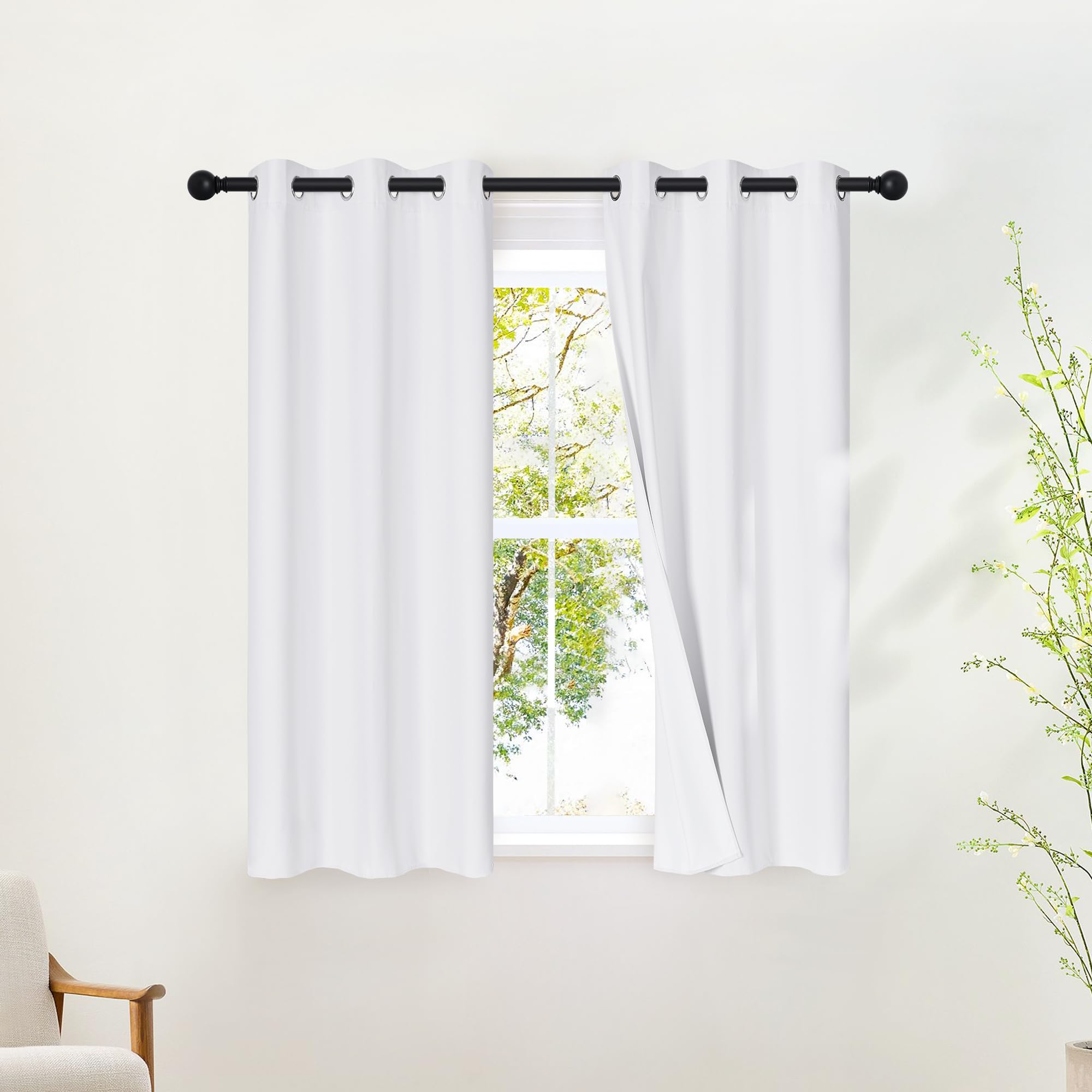 NICETOWN White Full Blackout Bathroom Curtains 50 inches Long, Grommet Thermal Window Treatment 100% Blackout Curtains for Kitchen/Bedroom, 2 Panels, W34 x L50