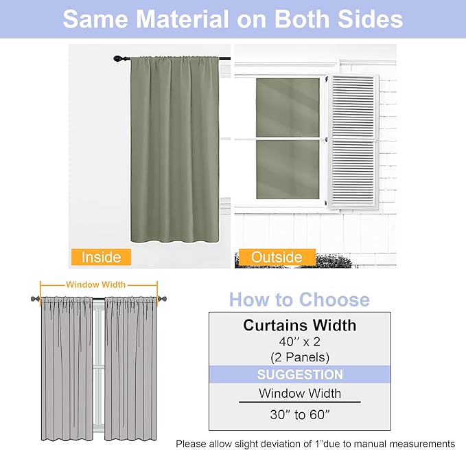 Simplebrand Ava Sage Green Blackout Curtains for Bedroom, 72 Inch Length, 2 Panels Set, Privacy Thermal Insulated Rod Pocket Window Curtains for Patio, French Door, W40 x L72 Inch