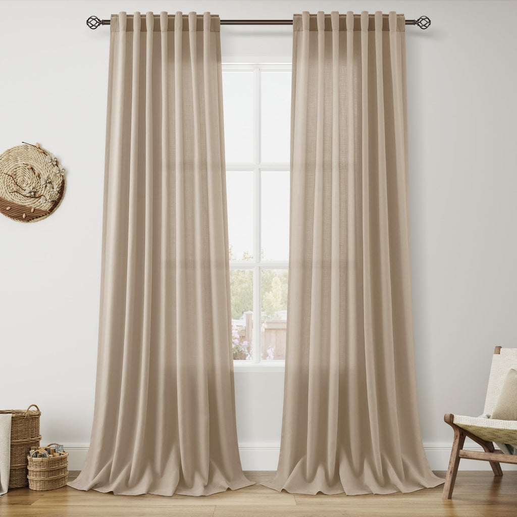 Sepia Beige Linen Curtains 102 Inches Long for Living Room Rustic Farmhouse Decor Light Filtering Semi Sheer Curtain Back Tab Neutral Modern Luxury Drapes for Bedroom Office 52x102, 2 Panels