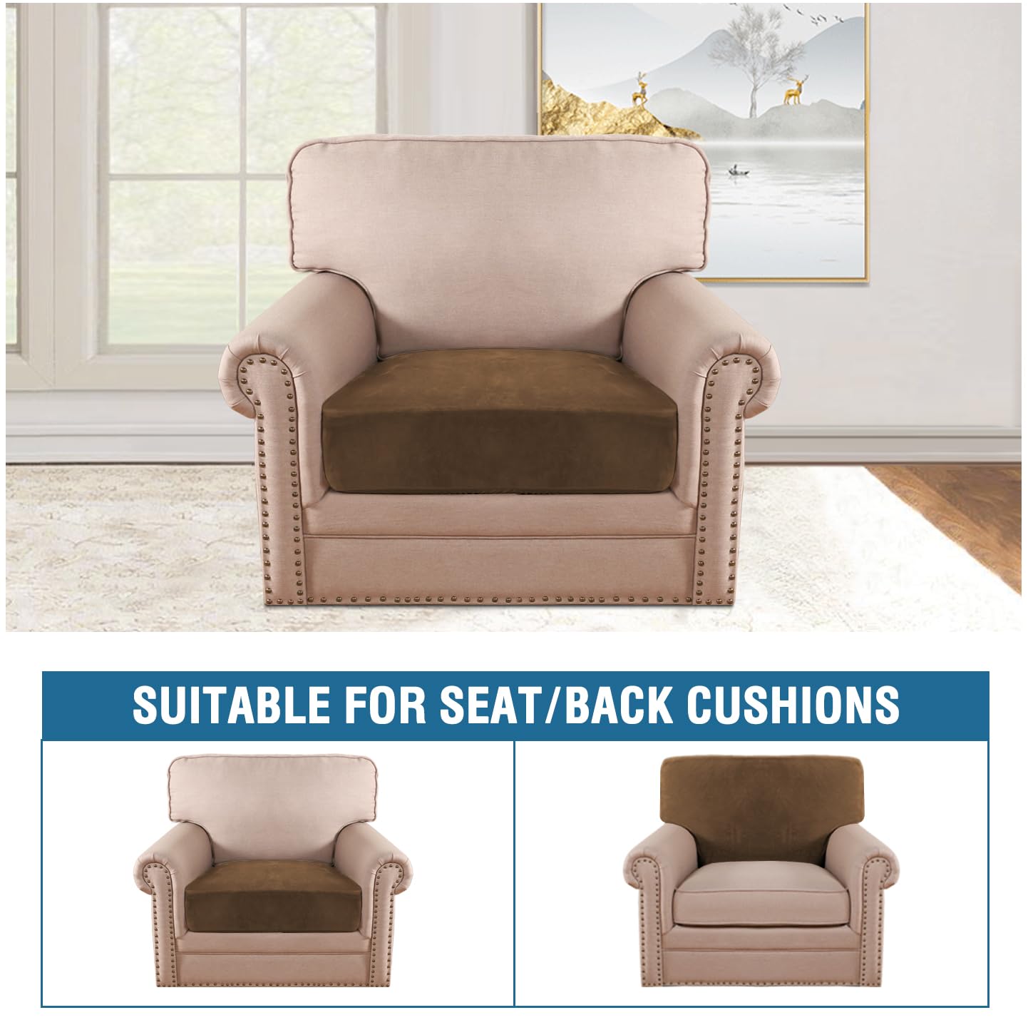H.VERSAILTEX Velvet Stretch Couch Cushion Cover Plush Cushion Slipcover for Chair Cushion Furniture Protector Seat Cushion Sofa Cover (1 Piece Armchair Cushion Covers, Bronze Brown)